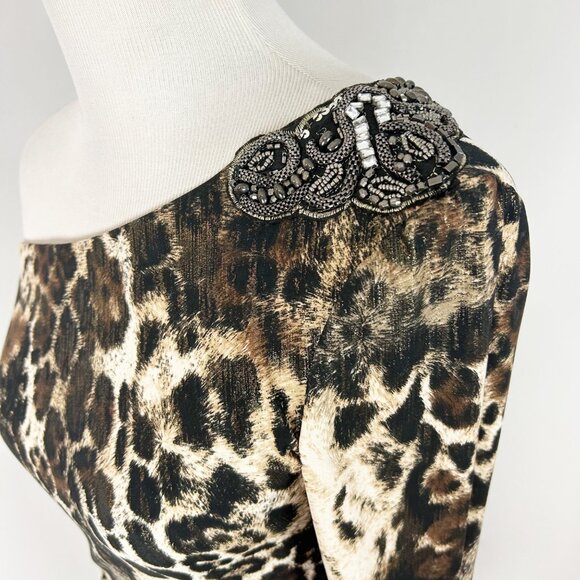 Vintage Y2K Cache One Shoulder Dress Animal Print Beaded Boho Size Small Women's - Picture 3 of 7